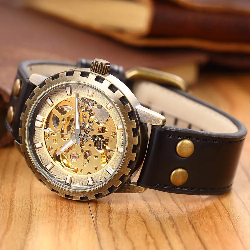 Брендовые мужские часы с кожаным ремешком в стиле милитари, механические часы с автоматическим скелетом, винтажные Роскошные качественные часы в подарок в стиле стимпанк