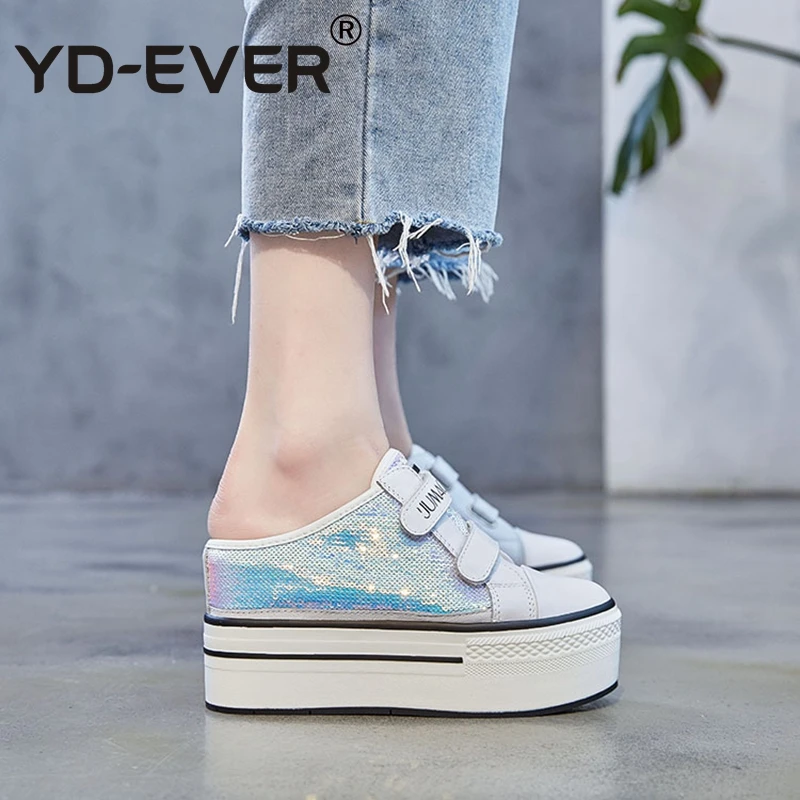 

YD-EVER 10cm genuine leather women shoes platform wedge super high heel casual shoes shiny bling sequined hook slippers pumps