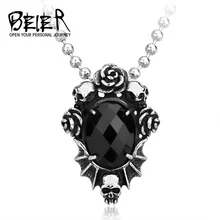 Beier магазин 316L ожерелье из нержавеющей стали кулон цветок розы череп с большим черным Цирконом Ювелирные изделия BP8-123