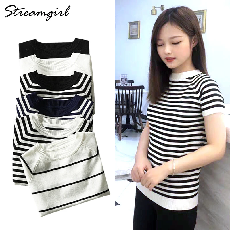 

Striped T Shirt Women Summer Tops Tee Shirt Femme Streetwear Stripe Tshirt For Women White Female T Shirt Vintage Femme T-shirt