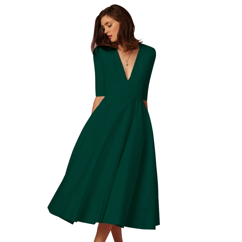 Осень Лето Женское платье с коротким рукавом элегантное бальное платье сексуальное длинное платье с глубоким v-образным вырезом - Цвет: Green