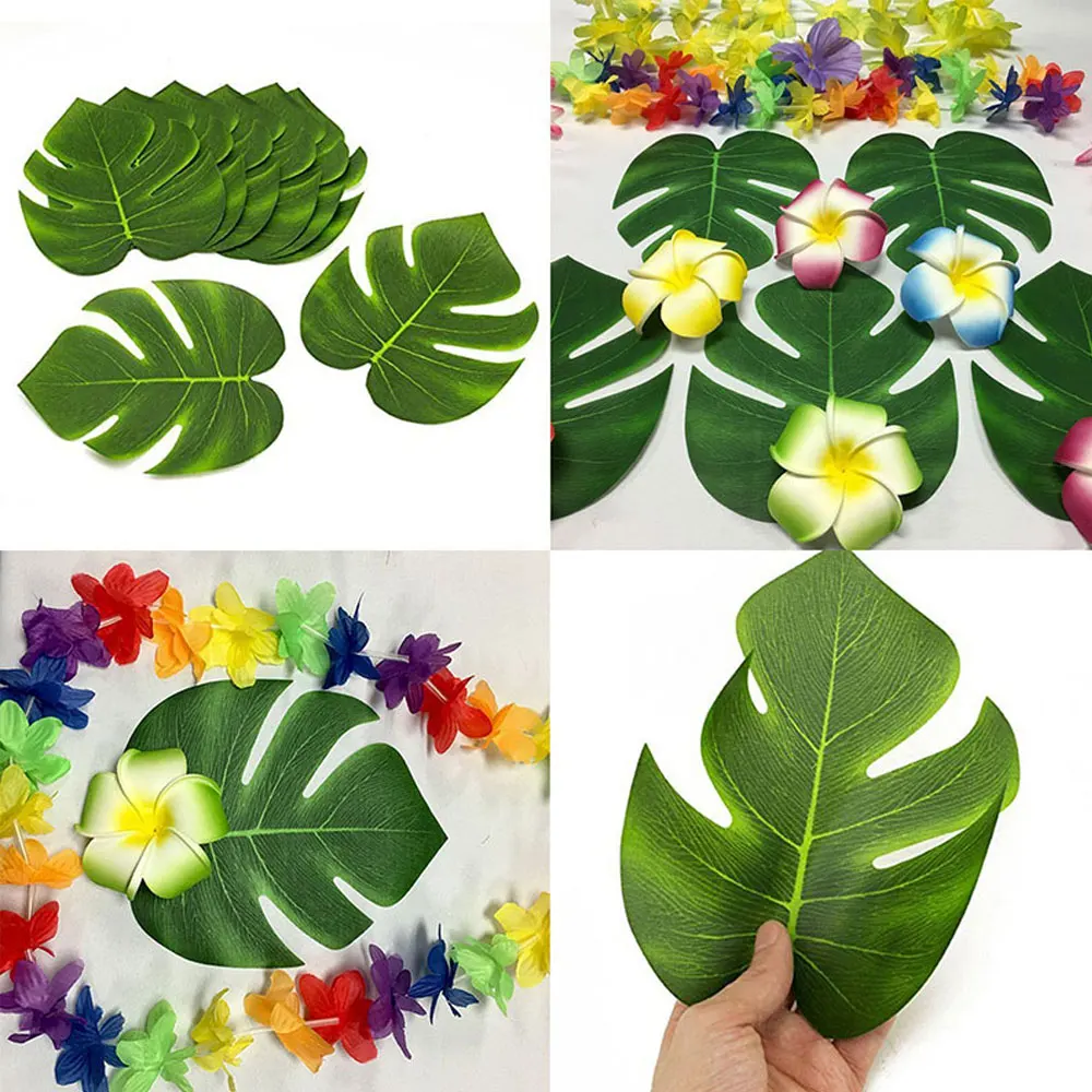 60pcs/set Artificial Tropical Palm Leaves Simulation Leaf with Flower Hawaiian Luau Party Jungle Beach Theme Party Decorations