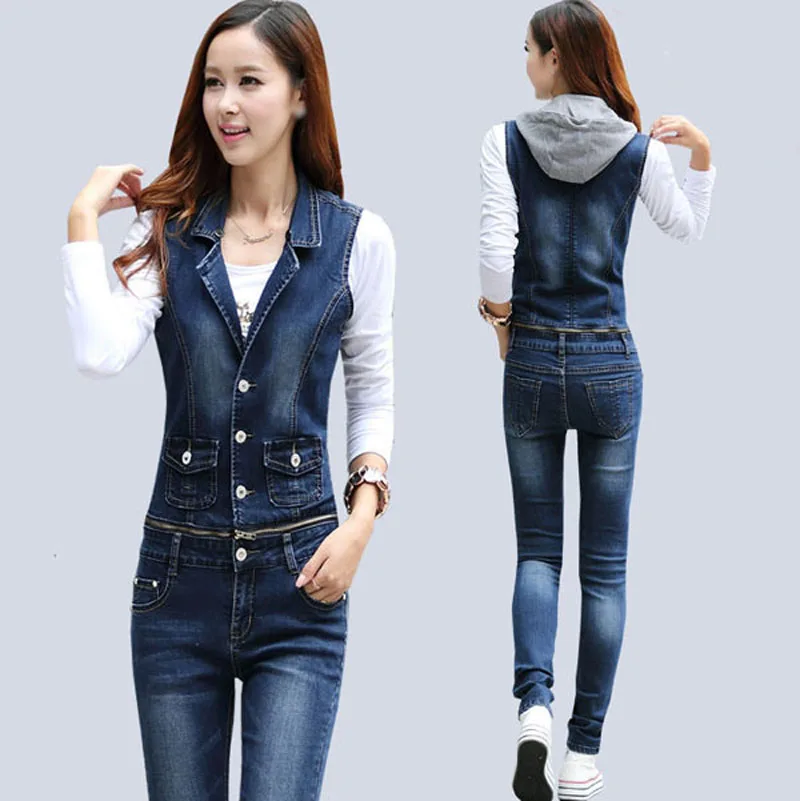 

2016 Spring Women Hooded Denim Jumpsuits Plus Size Long Pants Sleeveless Overalls Single Breasted Slim Denim Rompers W027