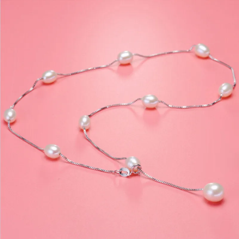

Real 100% S925 sterling silver 7-8mm Natural Pearl Tassel pendant Necklace Pearl necklace For women Free shipping