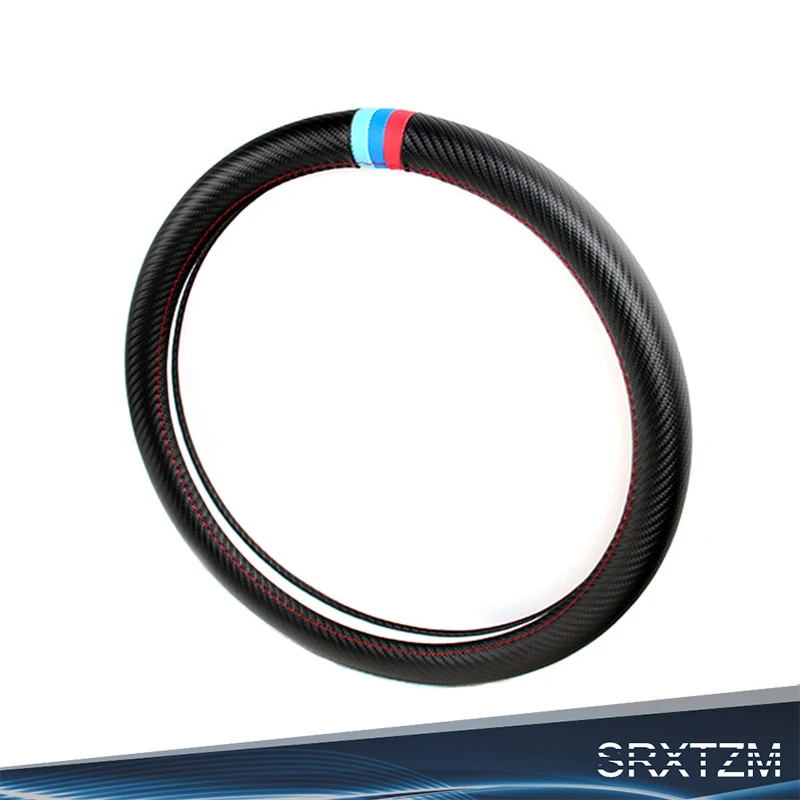 

SRXTZM 38cm Universal Car Steering Wheel Cover Carbon Fiber Look PU Leather Black For BMW X1 X3 X5 X6 E36 E39