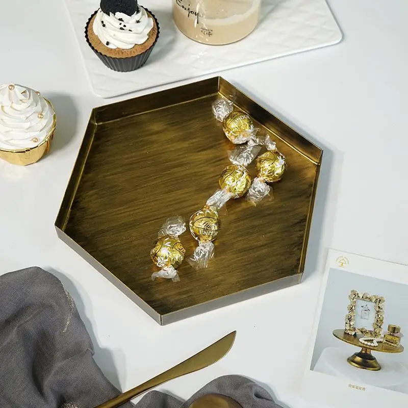 Винтажный Золотой шестигранный лоток для хранения, скандинавские геометрические металлические настольные пластины, маленькие предметы, ювелирный дисплей, лоток, зеркальный органайзер для макияжа