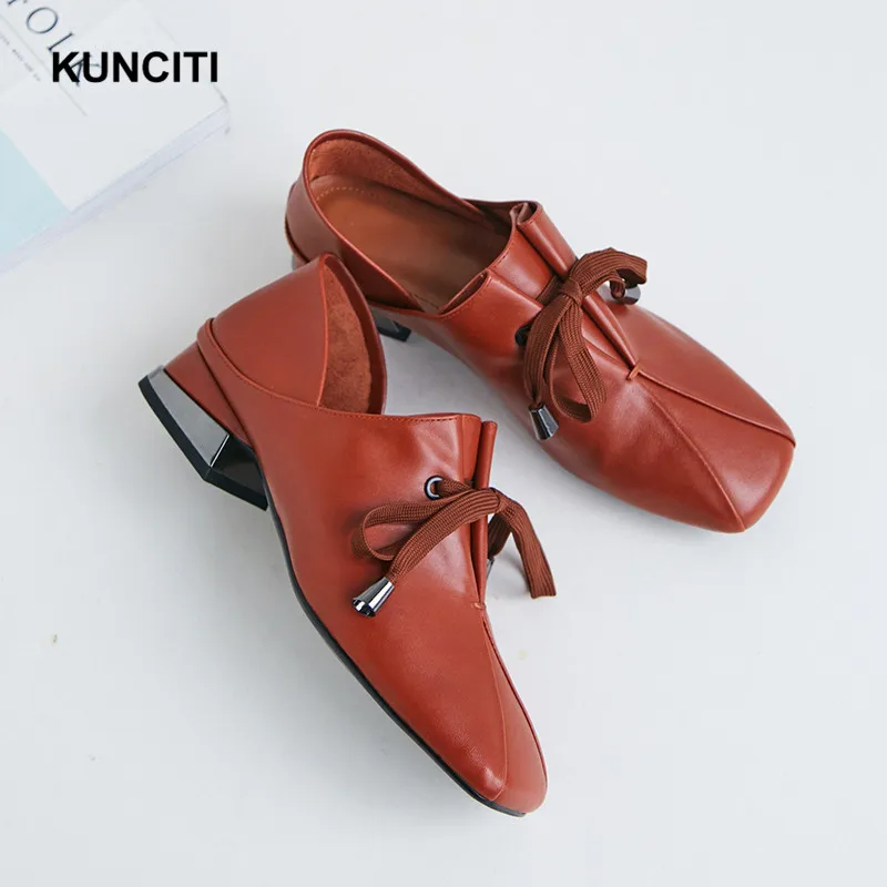 

2018 KUNCITI Square Toe Low Heel Womens Loafer Heels Lace Up Genuine Leather Thick Heel Shoes Women Sexy Gladiator Shoes F83