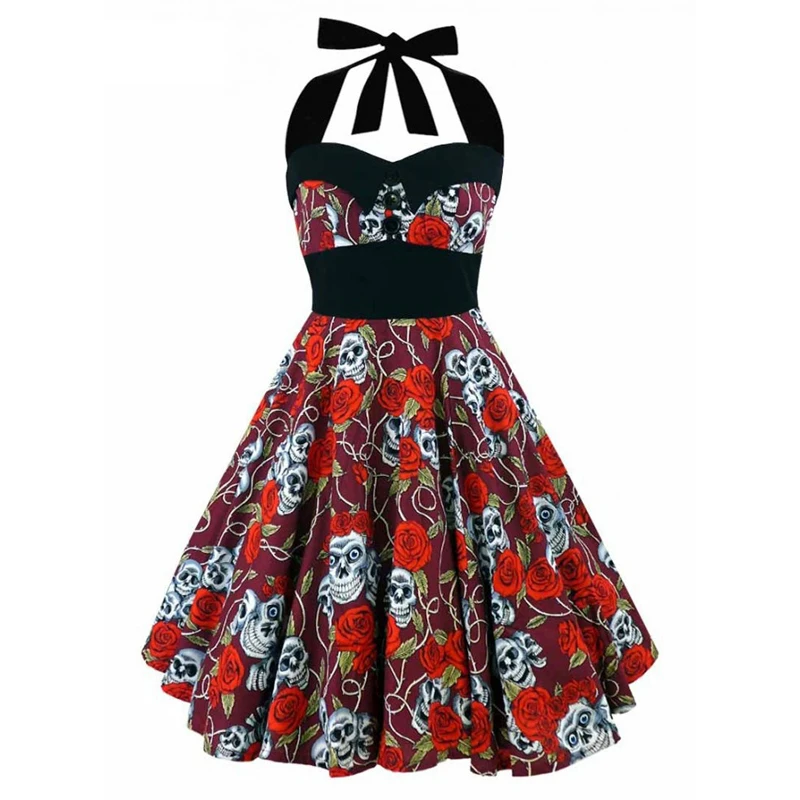 OTEN мода 5XL летнее винтажное платье в стиле ретро с черепом с розовым цветочным принтом в стиле пин-ап расклешенное платье больших размеров;печать черепа 1950s женские платья Платье