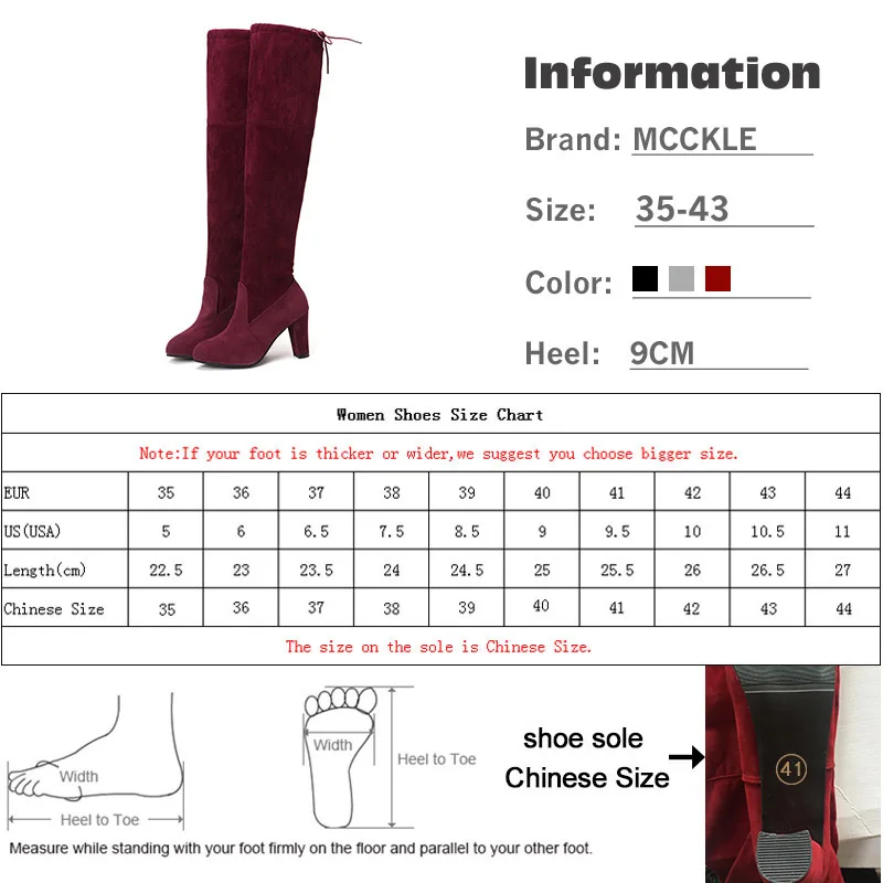 MCCKLE/повседневные женские сапоги до бедра размера плюс; зимние женские ботфорты из искусственной замши; женская обувь на высоком каблуке; Прямая поставка