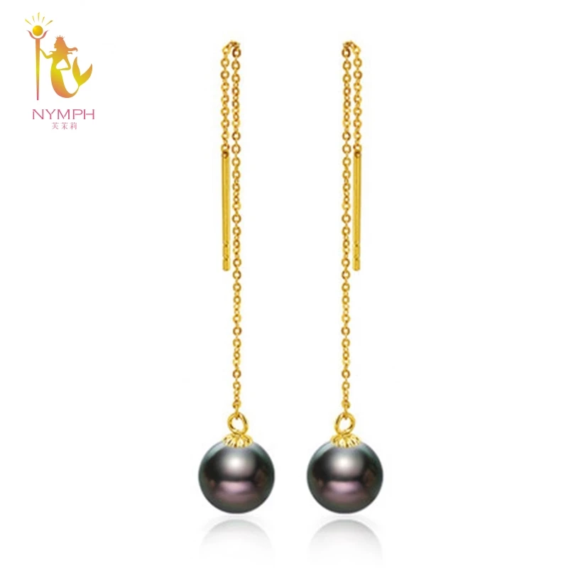 [NYMPH]18K Yellow Gold AU750 Women Drop  earrings Large Tahitian Black Pearl  Earrings Wedding Jewelry Round Fine Jewelry ED354