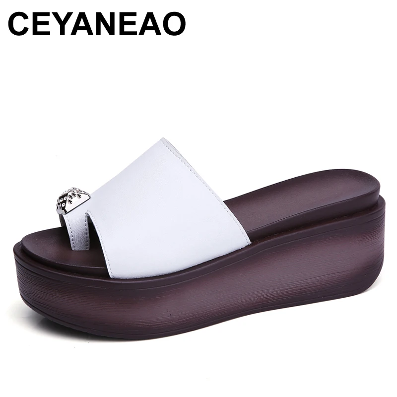 Ceyaneaoнатуральная кожа шлёпанцы женские летние тапочки на платформе клиновидные шлепанцы Wedgesshoes женские босоножки на высоком каблуке вьетнамки Шлепанцы