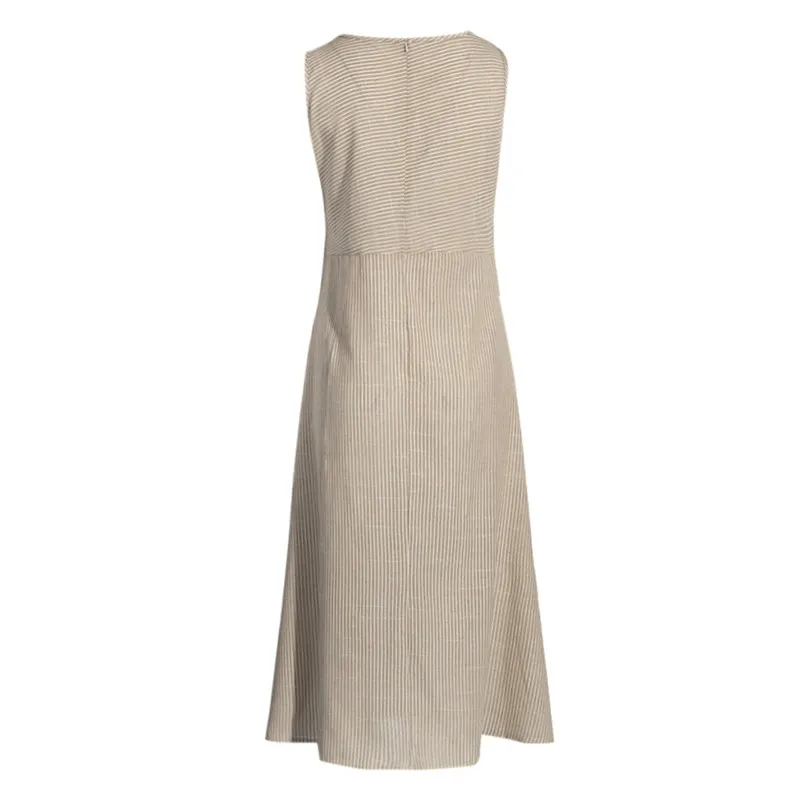  New Women Summer Fashion Casual Striped Print Sexy Sleeveless Dress Crew Neck Linen Long Elegant Lady Casual Daily dress #4R08 (11)