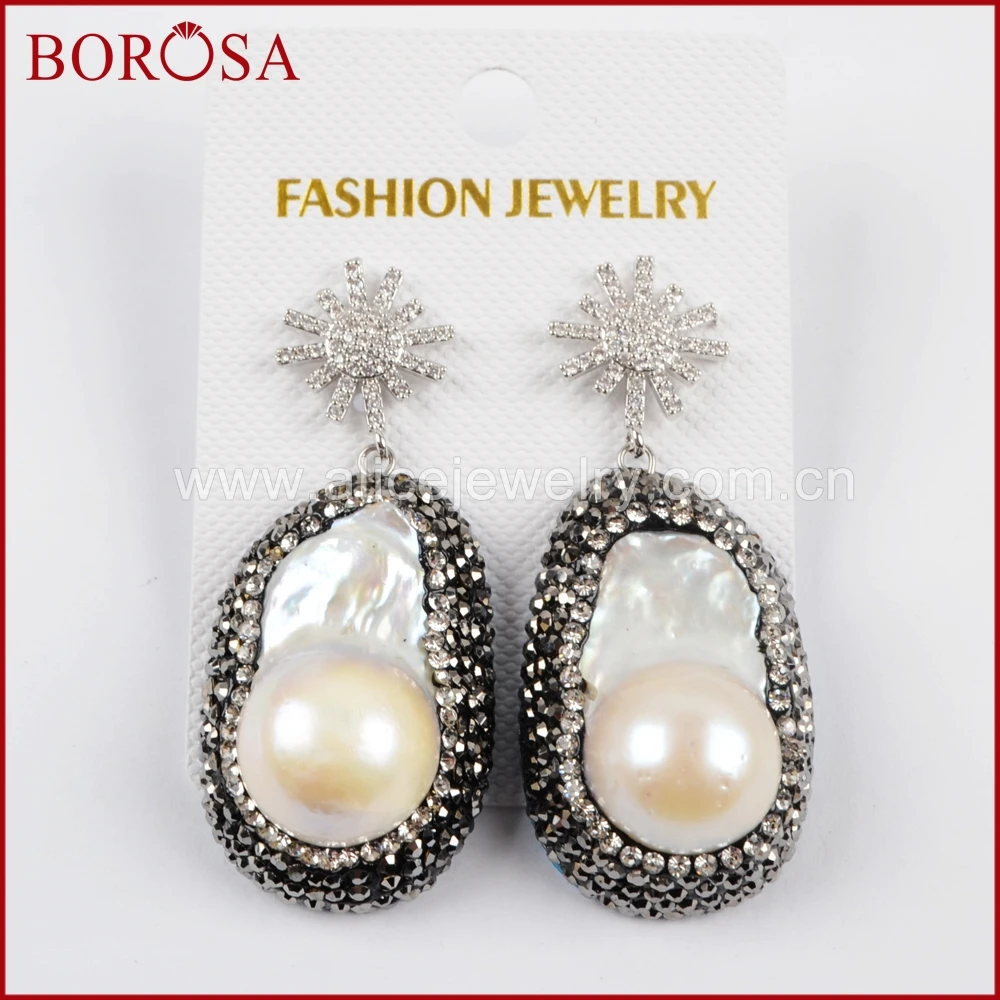 BOROSA ручной природных Серьги с жемчугом CZ микро проложить и Кристалл Rhinestone Freeform