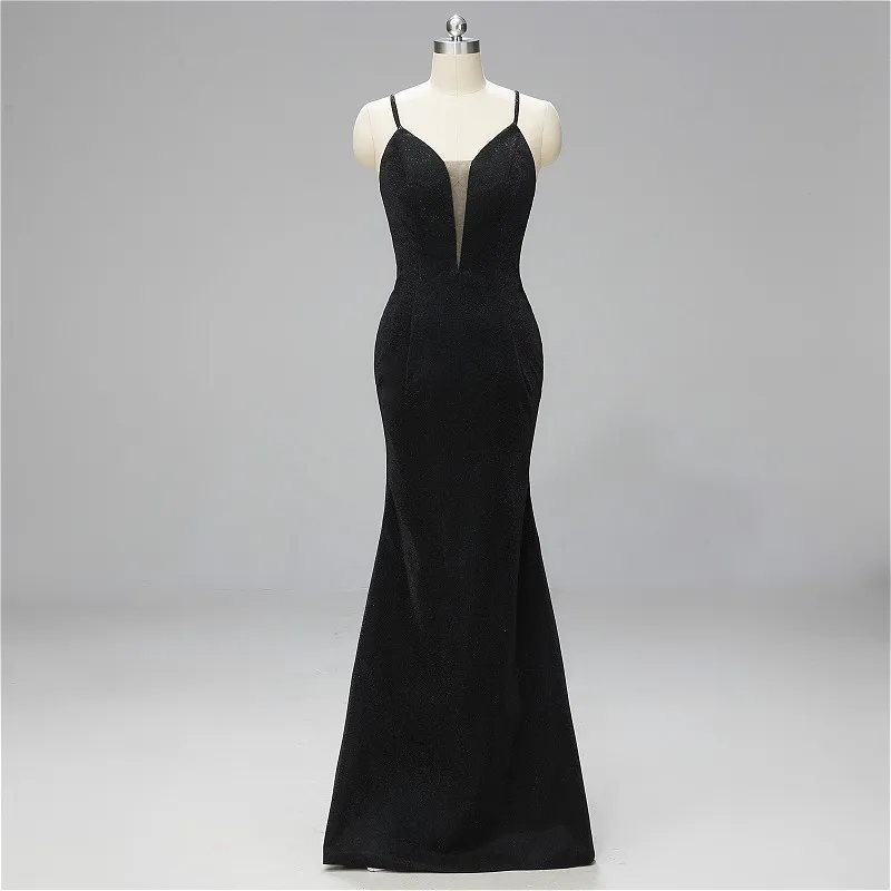 

W.JOLI Evening Dress Long Elegant Simple Glitter Satin Slim Prom Gown V-neck Spaghetti Strap Wedding Party Evening Dresses 2019