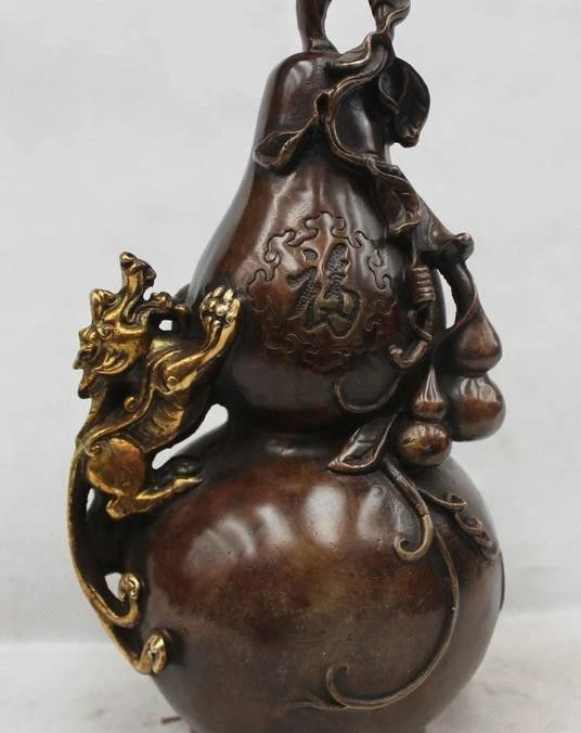 

10" China Bronze Gild Dragon Fu Beast Uniocrn Gourd cucurbit calabash Statue