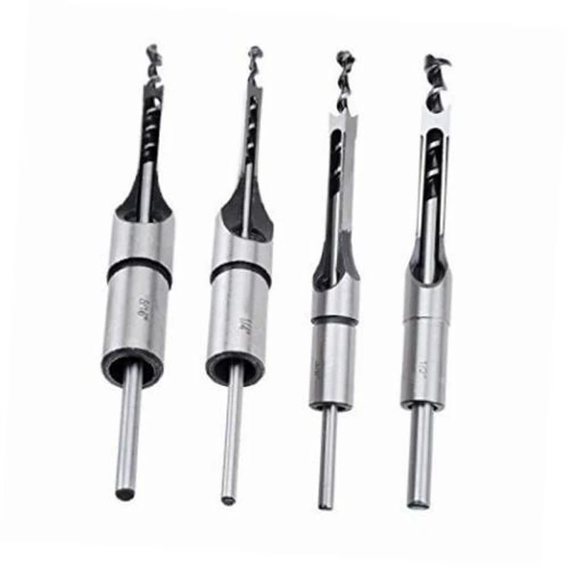 DWZ Silver 4pc Steel Twist Drill Woodworking Tool Mortising Chisel Square Hole Extended Saw