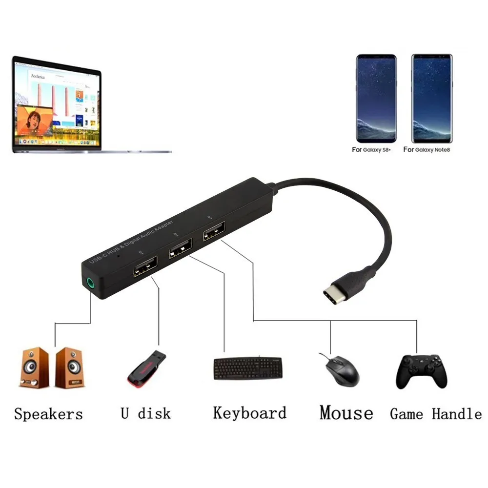 Type-C HUB 3 Ports USB 2.0 HUB 3.5mm Earphone Music Digital Audio