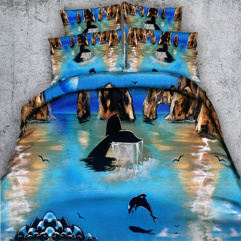 

3D comforter cover dolphin shark fish blue sea bedding sets kid/ boy bedspread single queen king sizes coverlets 3/4 piece 500tc