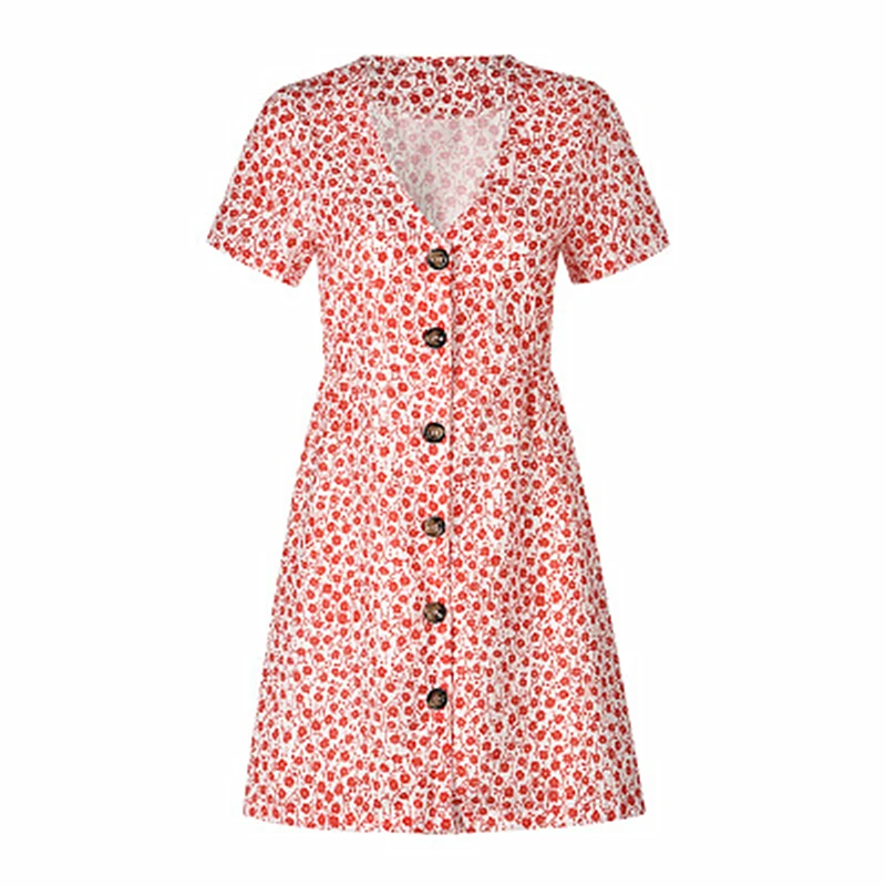 Summer Casual New Print V-neck Single-breasted Short-sleeved floral V-neck Dress Large Size Short Paragraph