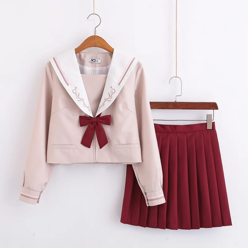 UPHYD Long Sleeves School Uniform Dress Red Skirt Bowknot Japanese