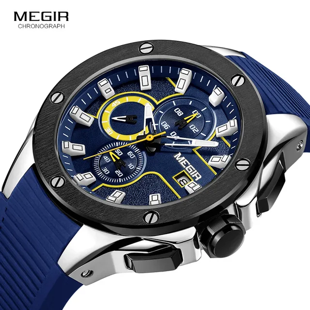 MEGIR Men's Sports Chronograph Quartz Watches Silicone Strap Luminous Waterproof Army Military Wristwatch Man Relogios 2053 Blue 1