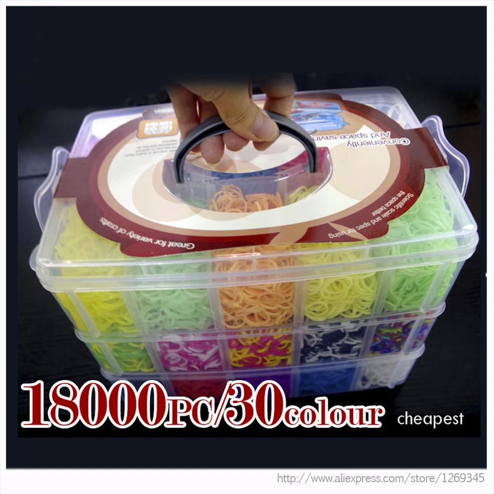 PINJEAS 18000pc/30color+Orignal Knitting Weaving Hook Family Silicone rubber Loom Bands Kits Set Refills DIY 3Box Layers