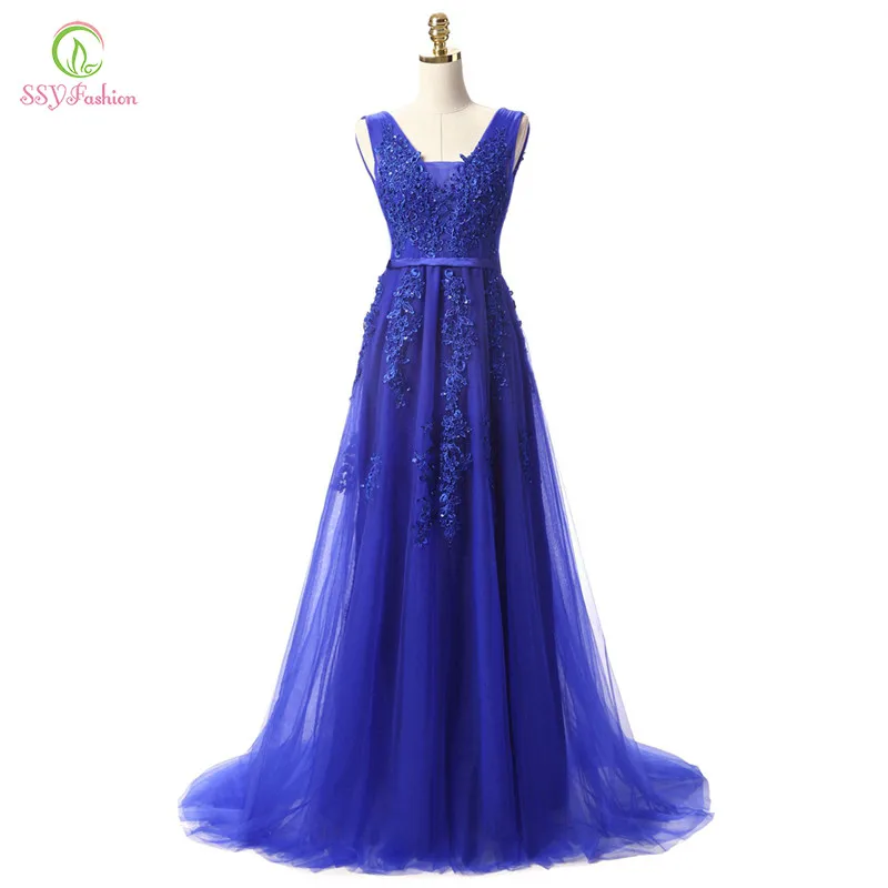 SSYFashion Hot Sell Sweet Light Blue Lace V-neck Lacing Long Evening Dress The Bride Party Sexy Backless Prom Dresses Custom dinner gown