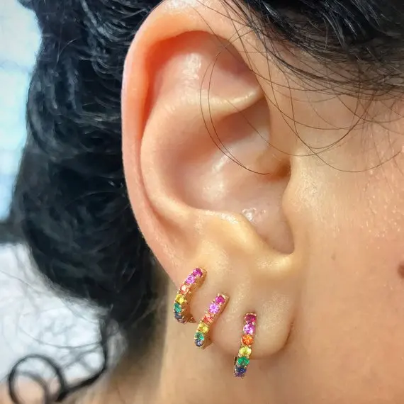 

925 sterling silver jewelry rainbow colorful women earring mini small hoop with dainty color cz zirconia elegance stack earrings