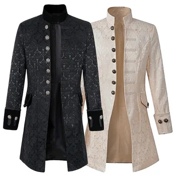 

OLOME 2019 Men Steampunk Military Coat Stand Collar Vintage Breasted Solid Gothic Jackets Male Long Sleeve Homme Clothing