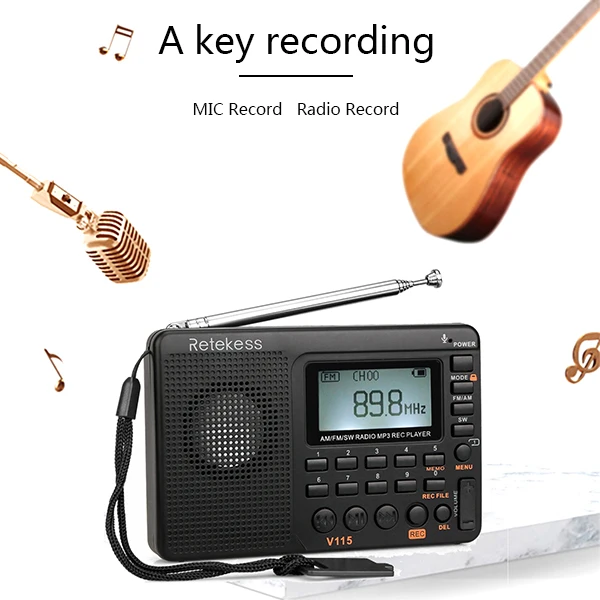 Retekess V115 радио FM/AM/SW мировой диапазон приемник MP3 плеер REC рекордер с таймером сна черный FM радио рекордер F9205A