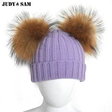Зимняя смесь шерсти детская вязаная шапка eith натуральный помпонами мех ЖИВОТНЫХ вязаная шапочка с помпонами для маленьких детей шапки прекрасный вязаный крючком капот