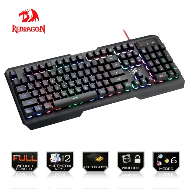 Cheap Redragon USB gaming Membrane keyboard ergonomic 7color LED backlit keys Full key anti-ghosting 104 wired Computer PC gamer