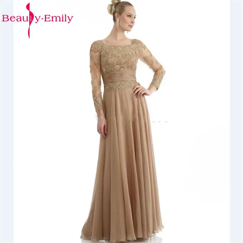 

Hot 2016 Champagne Bride Mother Dresses Lace Long Sleeve Chiffon Long Dress For Godmother Cheap