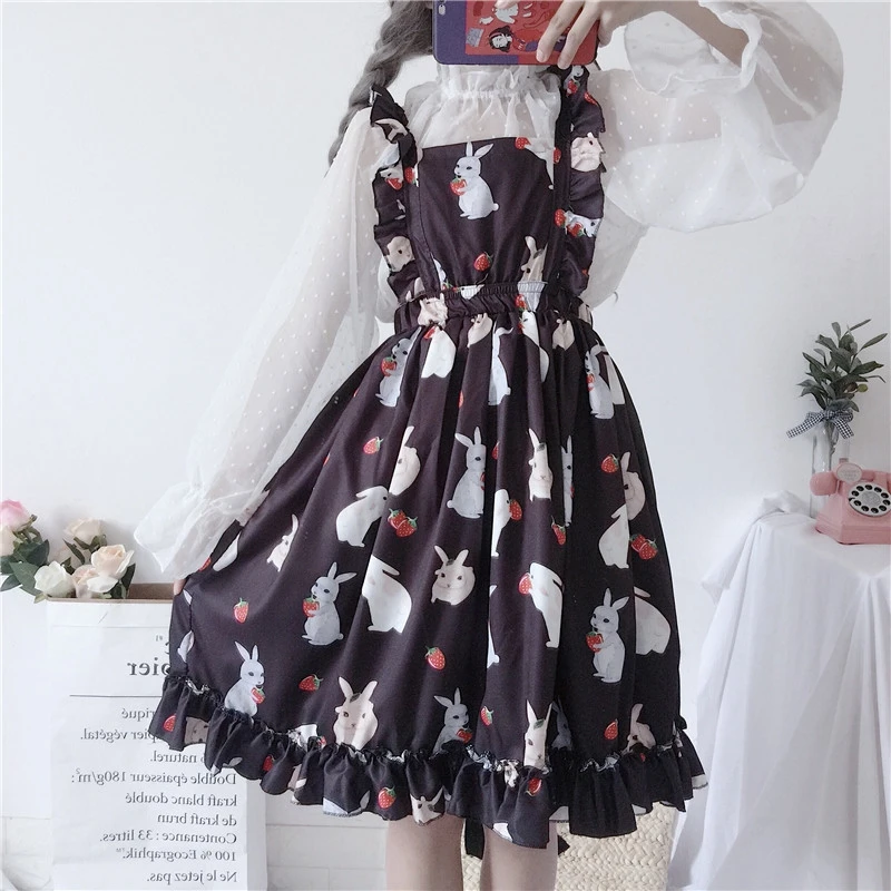 

Women sweet Lolita dess Girl cute rabbit black dress strawberry ruffled bubble Dress Puff princess dress dots chiffon shirt