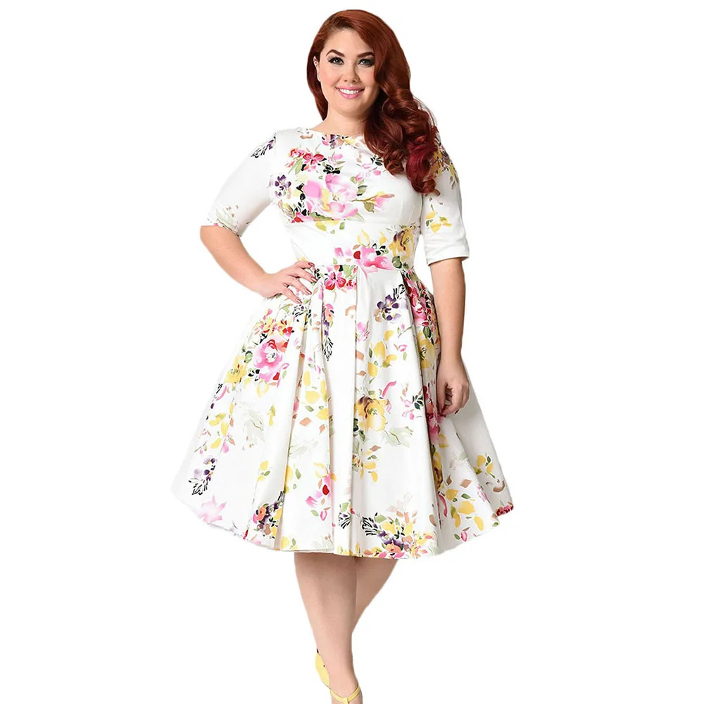 White-Vintage-Style-Floral-Half-Sleeve-Swing-Dress-LC61702-1-23927