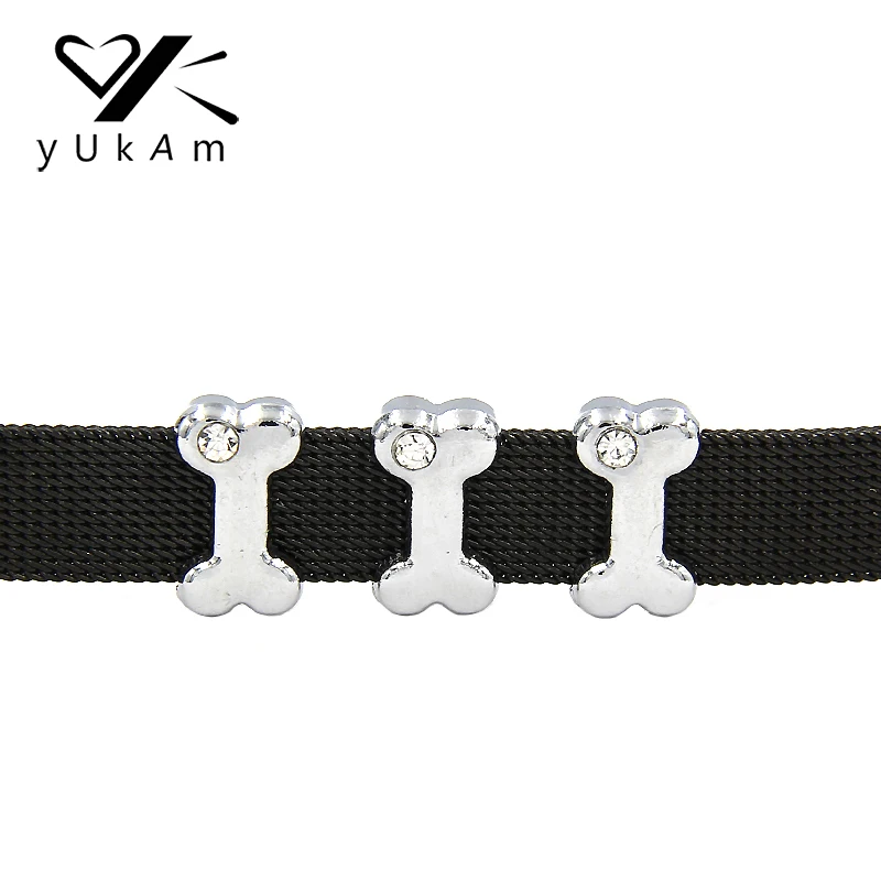 

YUKAM Crystal One Rhinestone Pet Cat Dog Bone Slide Charms for Collar Wristband DIY Stainless Steel Mesh Keeper Bracelets Making
