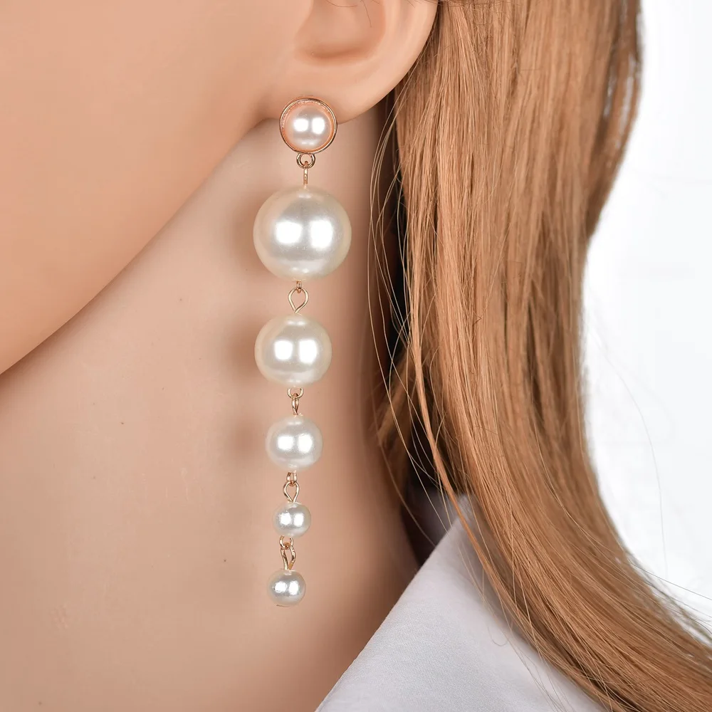 

Europea and America Luxury Fashion Simple Imitation Pearl Long Dangle Earrings Size Pearl Tassel Drop Earrings for Women Jewelry