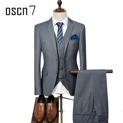 OSCN7 3 шт. однотонный костюм Для мужчин Slim Fit плюс Размеры отдыха Нарядные Костюмы для свадьбы для Для мужчин 2017 модный костюм Homme Бизнес