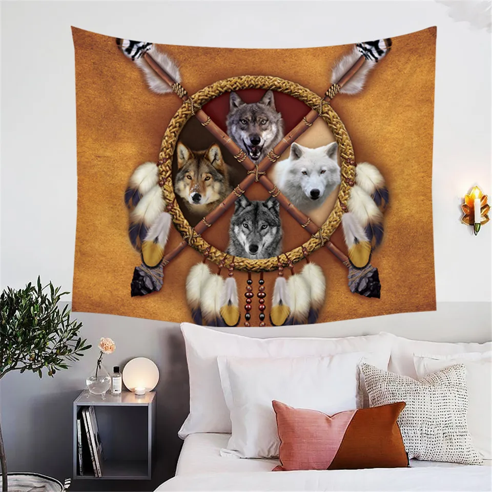 

BlessLiving Wolves Dreamcatcher 3D Tapestry Wall Hanging Native American Indian Wolf Tapestries Wall Decor Wild Animal Sheets