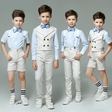 Летние костюмы для мальчиков, деловой двубортный Детский костюм в полоску с жилетом, Свадебный костюм, модный костюм с блейзером, школьная форма