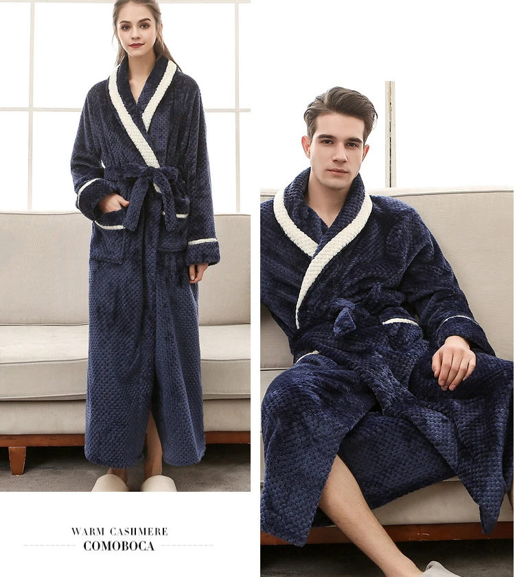 Queenral Men/Women Winter Thermal Long Bathrobe Lovers Thick Warm Robe Plus Size M XL XXL Nightgowns Dressing Gowns Home Clothes