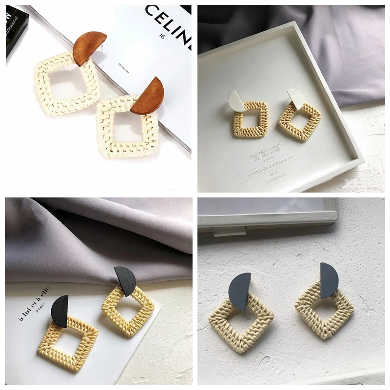 

Fashion Handmade Rattan Knit Dangle Earrings semicircle Square Hollow drop Earrings women earrings party gifts Jewelry wholesale