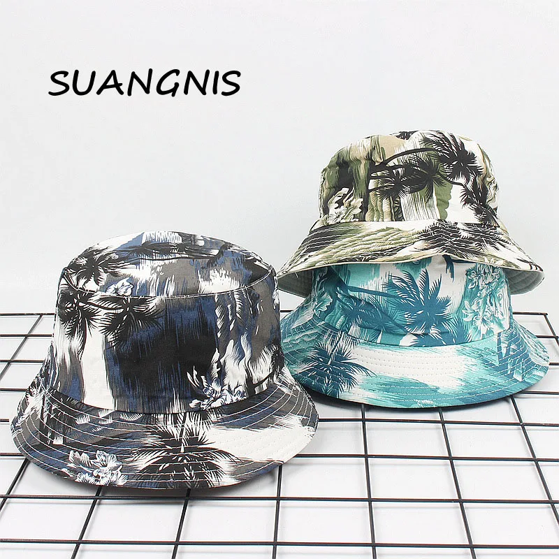 

2019 Double Sided Hawaiian tropical coconut palm flat top basin hat summer getaways shade fisherman hat For adult Panama Cap