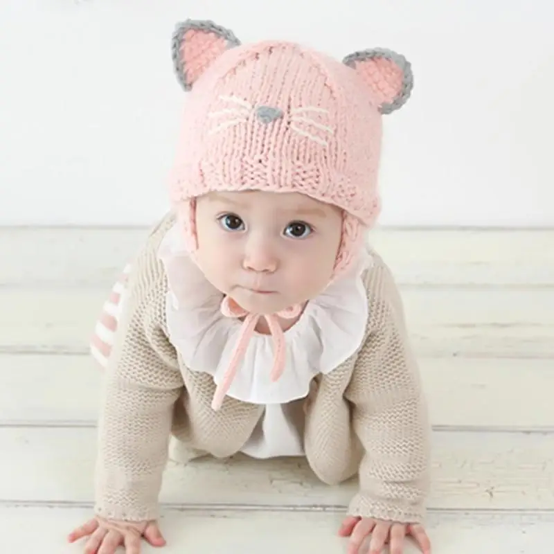 

Infant Baby Girls Hat Caps Lovely Cat Knitted Beanie Cap Kids Autumn Winter Soft Warm Hats Newborn Boy Girl Fashion Photo Props