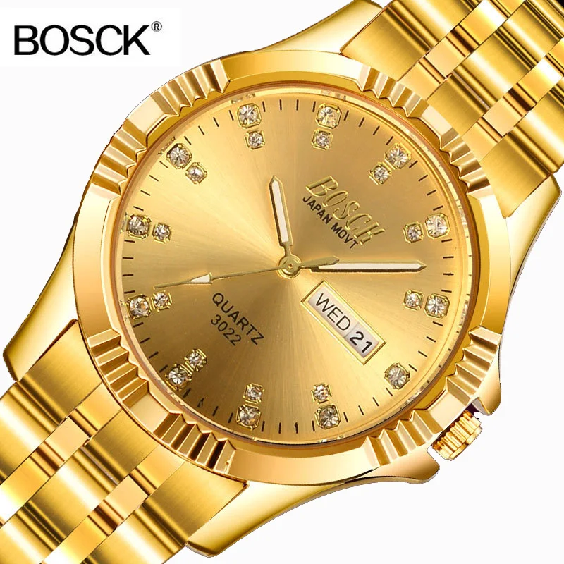 

BOSCK Famous Brand Full Gold Role Luxury Watch Men Golden Wrist Watches Quartz Calendar Wristwatch for Man Clock montre homme