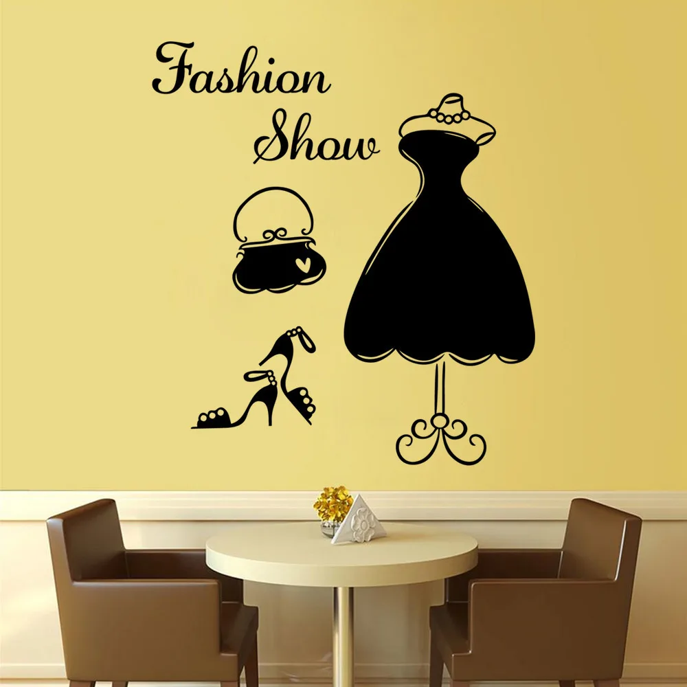 Wardrobe Bedroom Decor Mural Removable Art Wall Decals Fashion Show Words Women Dress Pattern