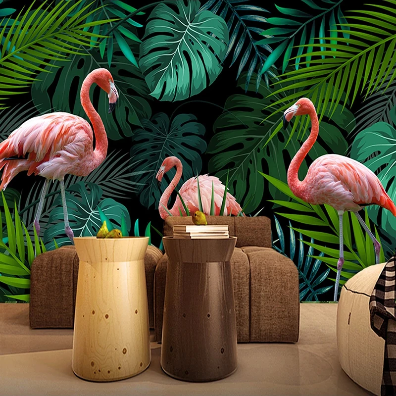 Papel pintado con foto 3D personalizado, cuadro de pared moderno de bosque  Tropical, hoja, Animal, flamenco, Mural de fondo de TV para sala de estar -  AliExpress