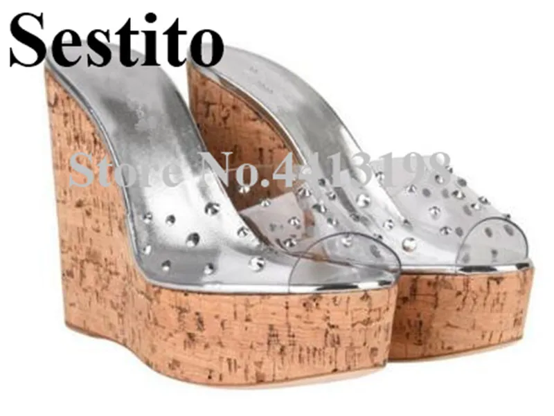 

2019 Sexy Peep Toe PVC Crystal Rhinestone Decoration Wooden Pattern Wedges Heels Sandals Platform Slip-On Summer Women's Shoes