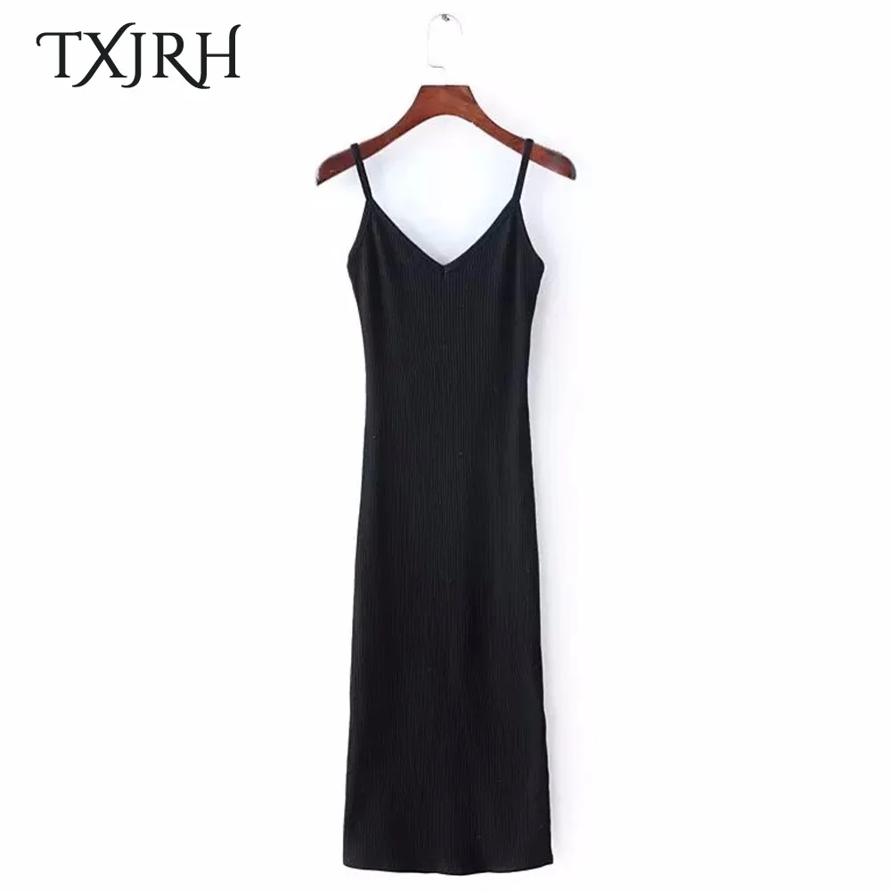 

TXJRH Sexy Deep V-Neck Spaghetti Strap Slim Sheath Packege Hips Long Dress Side Split Hem Trendy Women femme Vestidos 9 Colors