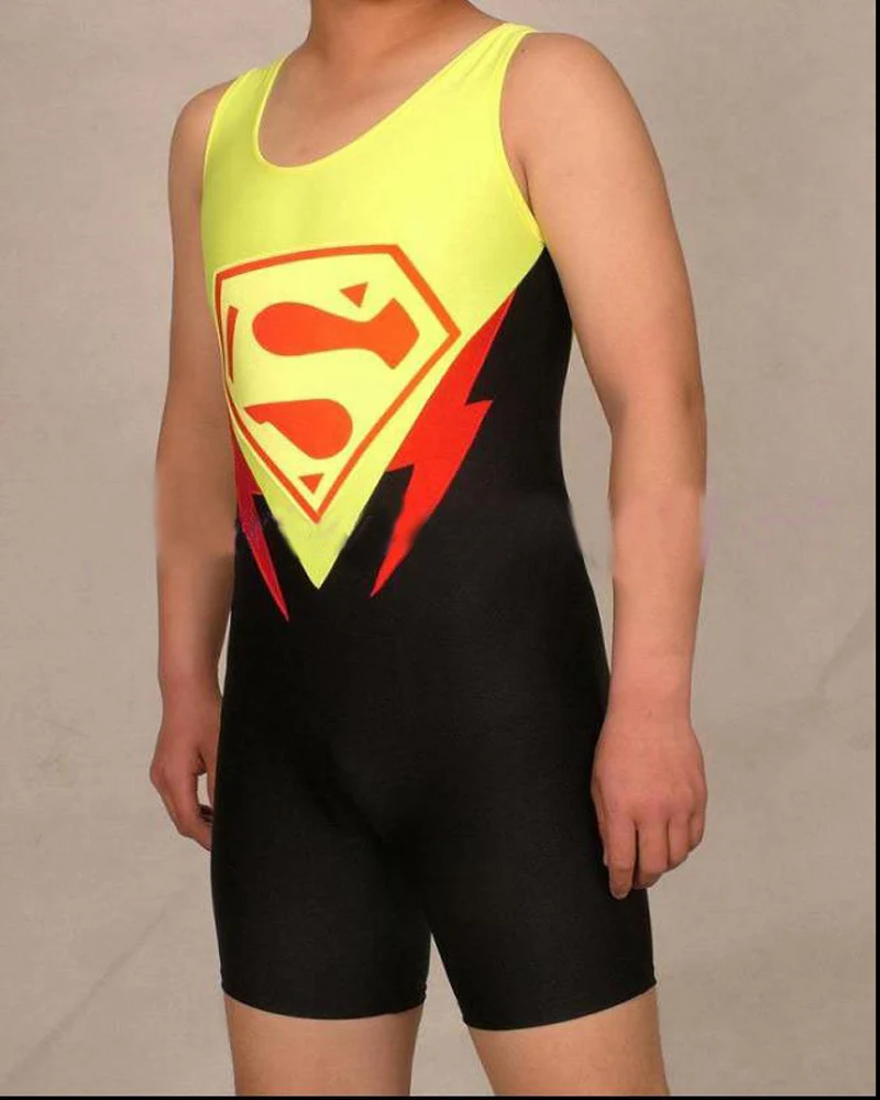 Холодный желтый лайкра спандекс Борьба Синглетный молодежи одежда «Супергерои» Супермен Экипировка Биб Шорты для женщин взрослых Размеры